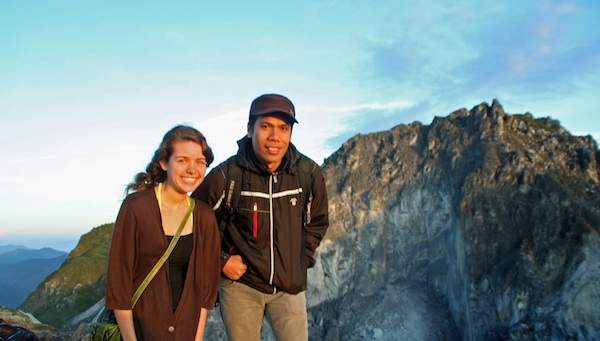 Judi and her homestay host on top of a volcano.